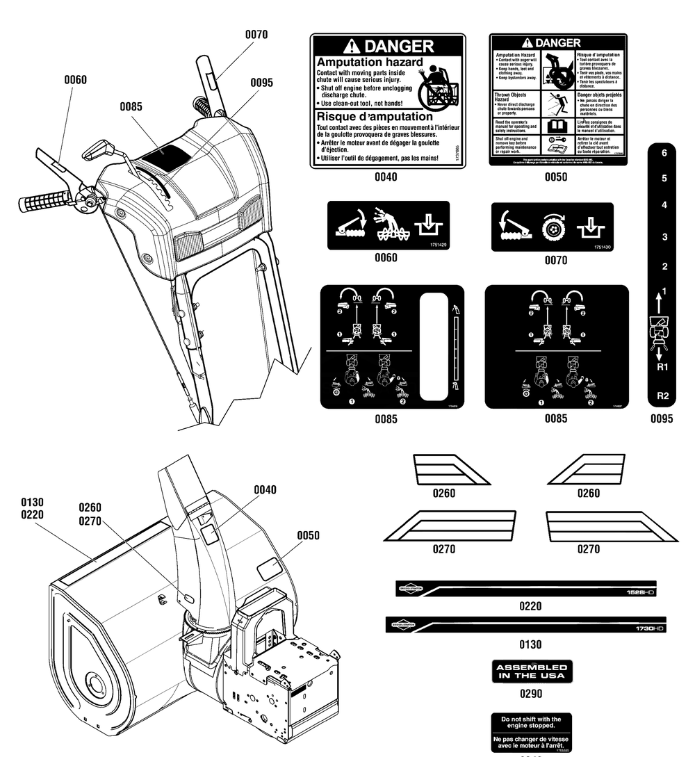 Decals Group Diagram and Parts List for 1696157-01-1528HD 2013 Briggs and Stratton Snow Blower